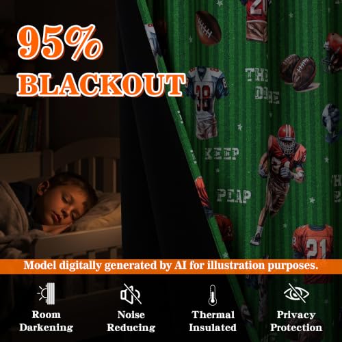 Image of MYSKY HOME Patterned Blackout Curtains 96 Inch Long 2 Panels Set Rugby Football Sports Game Printed Grommet Drapes for Teen Boys Girls Kids Bedroom Playroom Decor, Each Panel 52 inch Wide, Green