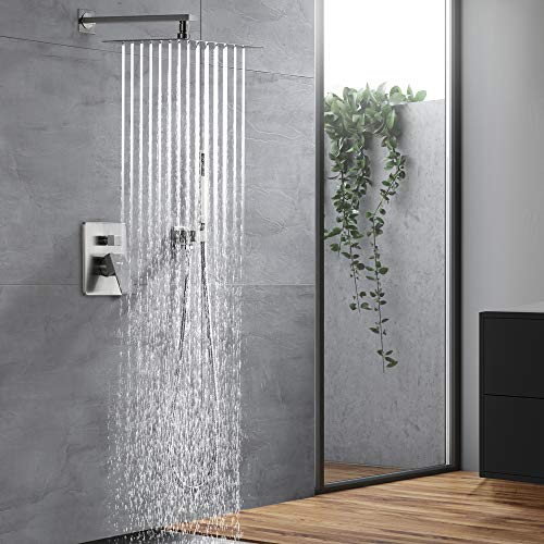 ESNBIA Shower System Brushed Nickel,10 Inches Shower Faucets Sets Complete (Shower Valve Included) Rain Shower Head Systems Wall Mounted Shower Combo Set for Bathroom All Metal