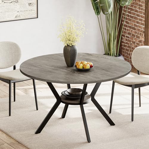 Round Dinner Table for 2-4, 42 Inch Kitchen & Dining Room Table with Storage, Wooden Circle Dining Table, Mid Century Modern Dining Table with Metal Legs for Kitchen, Living Room, Dining Room, Grey