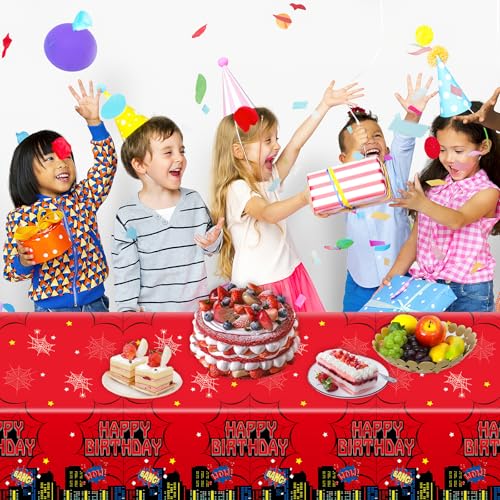 Image of Lcoor 3Pcs Red Spider Web Birthday Decorations Tablecloths, Super Heros Tablecloths for Kids Spider Birthday Party Decoration (Red Spider Web)