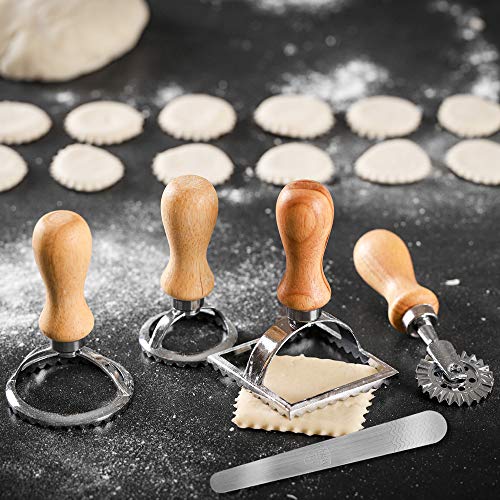Ravioli Cutter Stamp Set Maker - Stainless Steel Ravioli Roller Wheel & 3PSC Pasta Mold for Dumplings, Lasagna, Pierogi, Round & Square