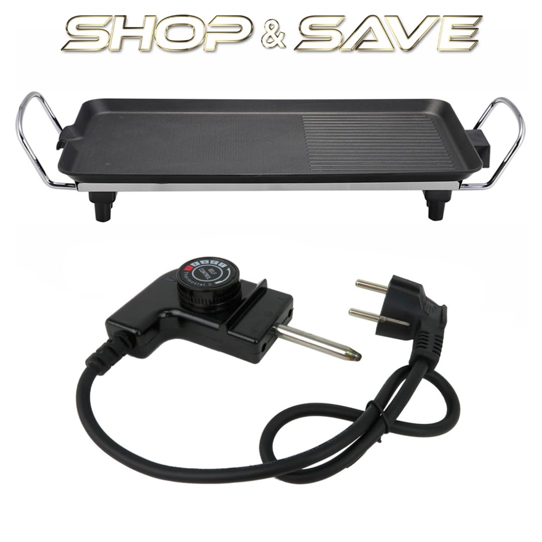 Plancha de Asar 1500 W Potencia, 47 X 27 CM, 230V, Termostato Ajustable, 5 Ajustes de Temperatura