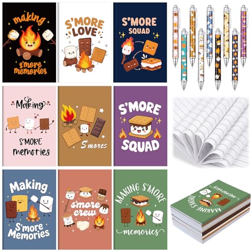 Resurhang Conjunto de presentes de marshmallow com 18 peças, diário de 9 marshmallow e 9 canetas esferográficas, artigos de papelaria com tema de fogueira engraçada, presentes de agradecimento de