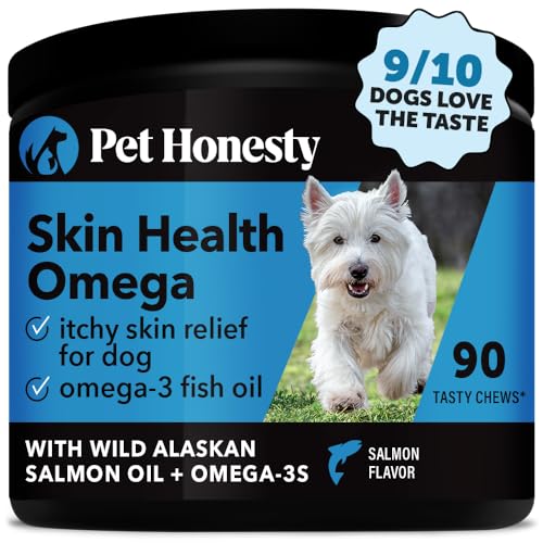 Pet Honesty Omega SkinHealth chews for Dogs, salmon oil, Omega 3 Fish Oil, Krill, Spirulina, Omega-3, Alaskan salmon oil, Healthy Skin & Coat, Itchy Skin, Dog Allergies, May Reduce Shedding (90 Count)