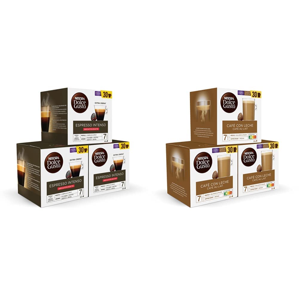 NESCAFÉ Dolce Gusto Espresso Intenso Descafeinado - x3 pack de 30 cápsulas - Total: 90 cápsulas & NESCAFÉ Café con Leche o - x3 pack de 30 cápsulas - Total: 90 cápsulas