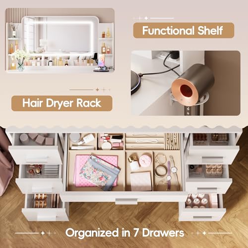 Image of Furmax Vanity Desk with Mirror with LED Light Strip, Makeup Vanity with 2 AC Outlets and1 USB＆1 Type-C Port, 3 Modes Adjustable Lighting Mirror, Modern Ample Storage Drawers Dressing Table, White