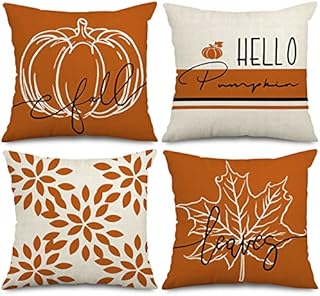 AnyDesign Fall Pillow Cover 18 x 18 Inch Hello Pumpkin Modern Throw Pillow Case Orange Pumpkin Autumn Leaves Cushion Case Farmhouse Decorative Cushion Cover for Home Office, 4Pcs