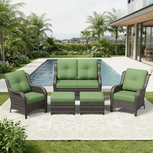 Image of Joyside 5 Piece Wicker Patio Furniture Set, Rattan Patio Chairs with High Back, Deep Seating, Wide Armrest, Thickened Cushions, Outdoor Furniture for Deck, Porch Use
