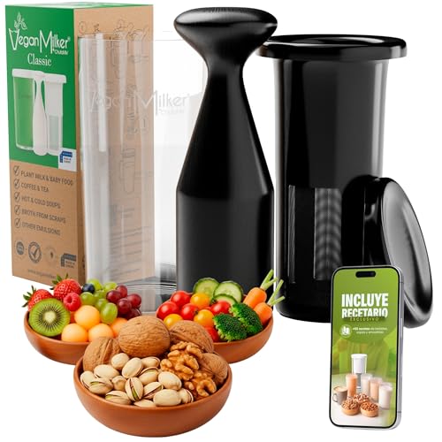 Vegan Milker Máquina para Hacer Leche Vegetal Casera, Leche de Avena, Soja y más | 1L en 1 Minuto 100% Natural con Filtro | Compatible con Batidora de Mano | Incluye Ebook de Recetas | Classic Negro