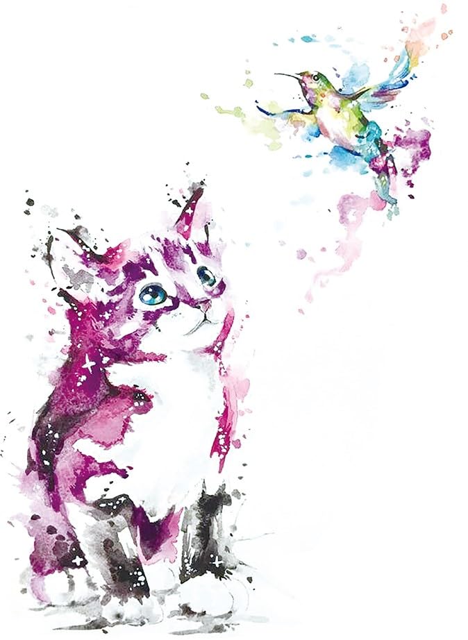 Tatuaje temporal de gato y pájaro, acuarela, tatuaje falso tatuaje acuarela gato y pájaro KM166