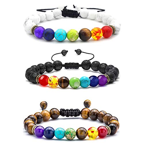 MUYASEA 3 PCS 7 Chakras 8mm Beads Bracelet Essential Oil Diffuser Stone Healing Bangle for Men Women
