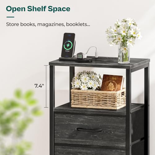 Image of Huuger Nightstand with Charging Station, Side Table with Fabric Drawers | Bedside Table with USB Ports and Outlets, Night Stand for Bedroom, Bed Side Table, Charcoal Black Wood Grain Print