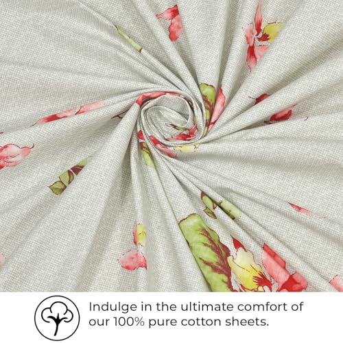 Image of LINENWALAS 100% Cotton Fitted Bed Sheet for Single Size Bed, Printed All Around Elastic Bedsheet (36 x 78 Inches) with 1 Pillow Covers | 210 TC Soft, Breathable, Luxury Bedsheet (Coral Garden)