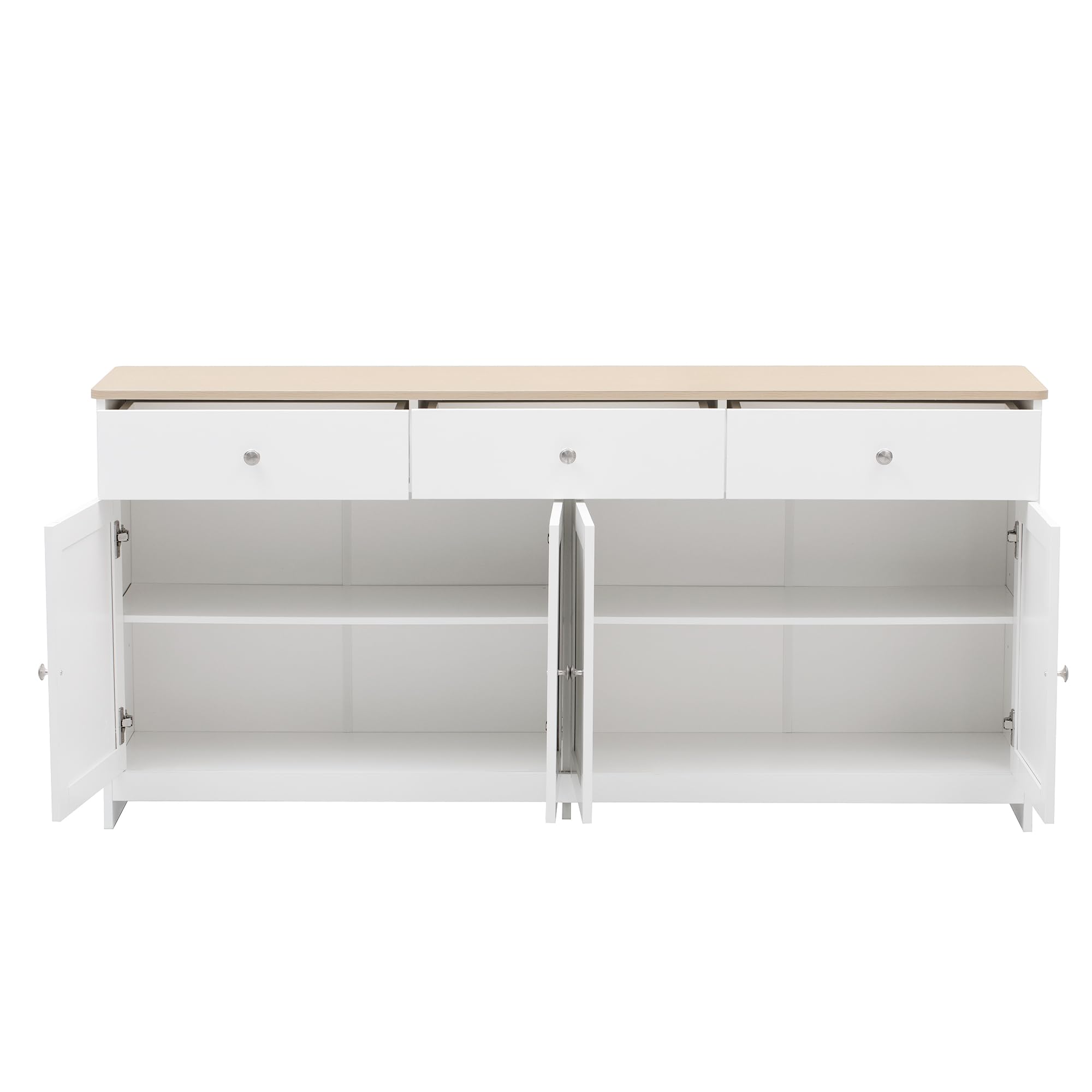 Credenza con venature in legno bianco, quattro ante, con tre cassetti, per sala da pranzo, soggiorno, colore legno e bianco