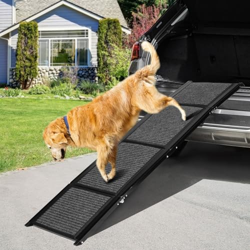 Dog Ramps for Cars, 63" Long & 17" Extra Wide Foldable Dog Ramp for Medium and Large Dogs, Portable Non-Slip Car Dog Stairs for High Beds, Trucks, Cars and SUV, Supports up to 200 lbs