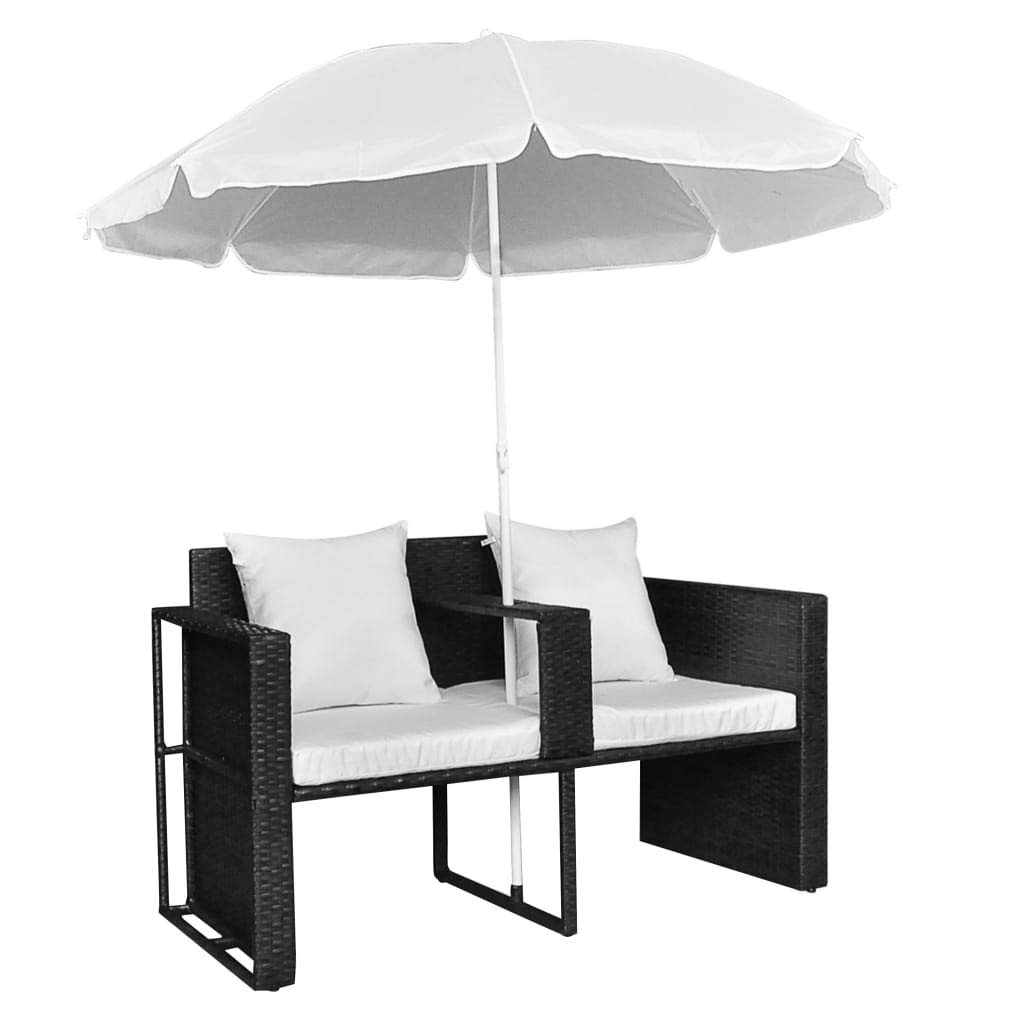 Lit de jardin avec parasol, marron en polyrotin, île de salon, chaise longue avec repose-pieds amovible et coussin lavable pour terrasse, balcon, piscine