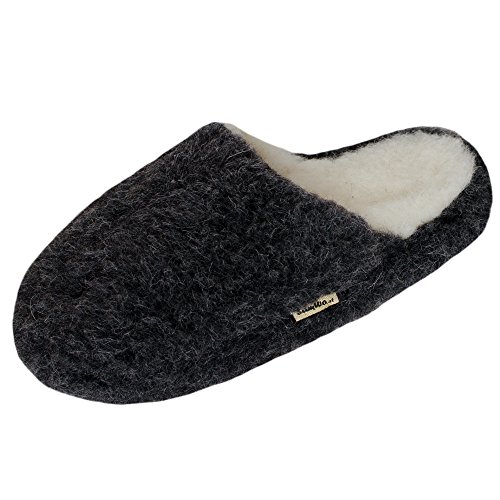 SamWo, Zapatillas de bienestar de lana de oveja unisex, suela suave antideslizante para suelo 100% lana merina, tamaño: 3-8 (35-42 UE), color Negro, talla 49/50 EU