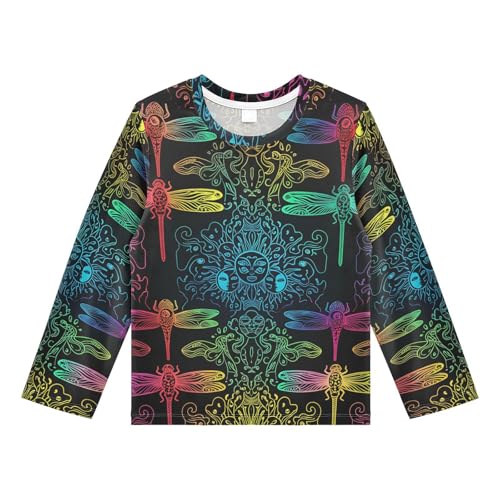 DOMIKING Mandala Dragonfly Sun Black Boys Long Sleeve Rashguard Shirt Kids Quick Dry Swim Shirt for Kids Toddlers 11-12T