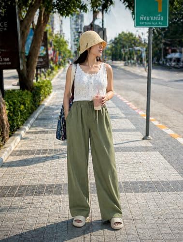 Image of CHICSTIT Women Cotton Wide Leg Trousers | Elastic Waist High Rise Palazzo Pants | Loose Fit /Straight Fit Casual Lounge Pants with Pockets
