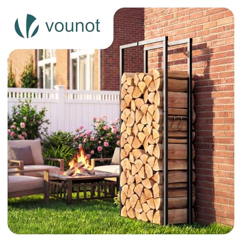 VOUNOT Verstellbare Kaminholzregal Metall, 9 Größen Einstellbar, Brennholzregal Feuerholzregal mit 4 Haken, Innen und Aussen, Schwarz