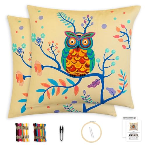 Image of picknMAKE Cover /Pillow Cushion Craft DIY Bliss Owl Majestic with Beginners for Set Kit Embroidery Hand Cover Cushion DIY 2 of Set |16 inchX16|Patterns Embroidery Printed Digitally|Included Materials All