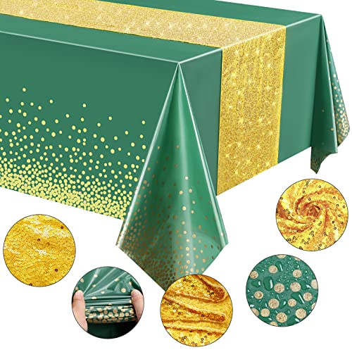 Image of Irenare 2 Pcs Green and Gold Tablecloth and Sequin Table Runner Set Polka Dots Confetti Table Cover Dining Plastic Tablecloths Glitter Decorations for Birthday Wedding Anniversary Party Supplies