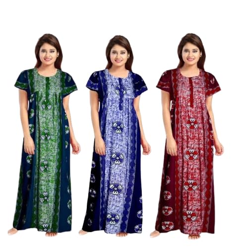 Image of Nighty for Women Cotton Printed Maxi Gown Ankle Length Nighty Night Dress Gown for Women Maxi - (Pack of 3)