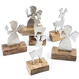 Hochwertige kleine Weihnachtsfiguren - 3 Engel und 3 Hirschen aus silberfarbenem Metall auf Mangoholz zum Hinstellen und Dekorieren an Weihnachten. Größe der Deko Figuren: 10 cm