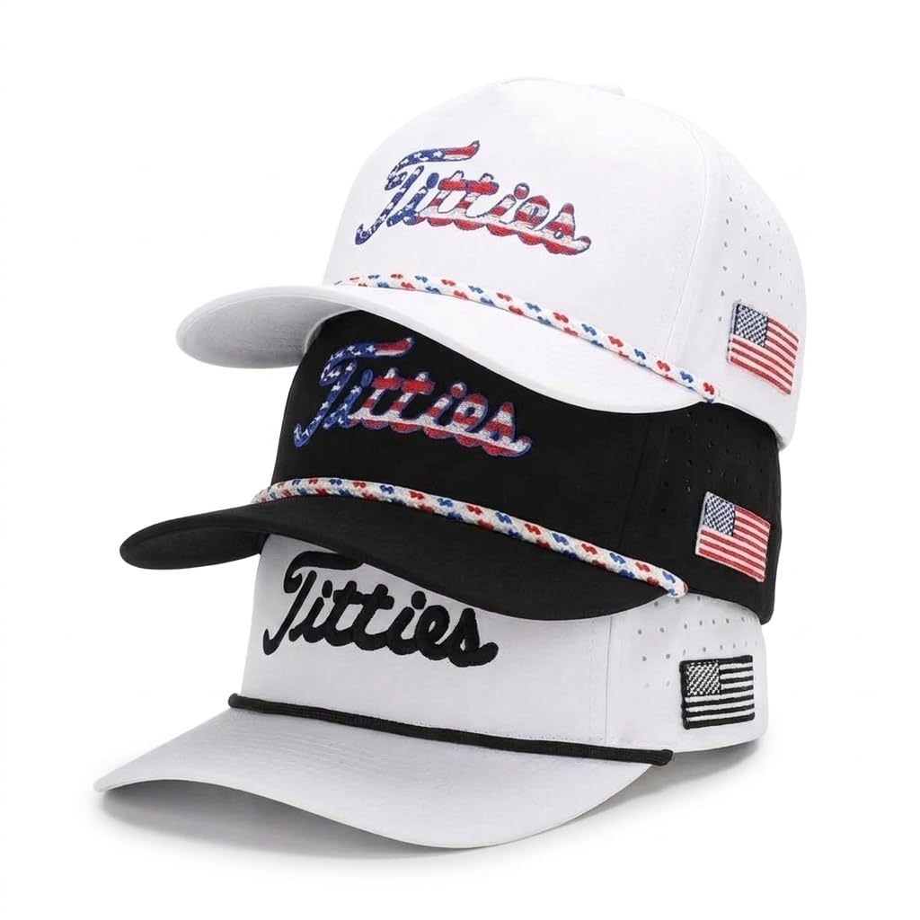 Curves &amp; Clubs Titties Golf Hat, Funny Rope Snapback for Men with USA Flag, Breathable Performance Golf Cap