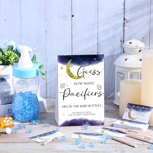 Image of Roowest 512 Pcs Baby Shower Games Guess How Many Pacifiers Sign 100 Small Guessing Games 10 HB Pencils 750ml Milk Bottle 400 Acrylic Pacifiers Decoration for Guest Gender Reveal(Blue,Moon)