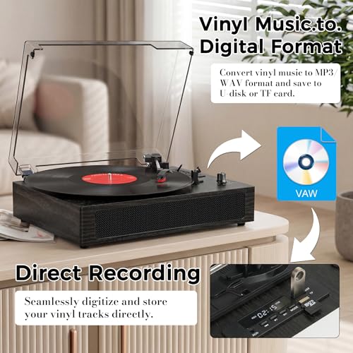 Image of Vinyl Record Player with Bluetooth, 3-Speed Belt-Drive Turntable with Built-in Speakers, Easy Setup for Beginners, USB Recording, RCA /AUX /Headphone Jack, Classic Black Wood Design