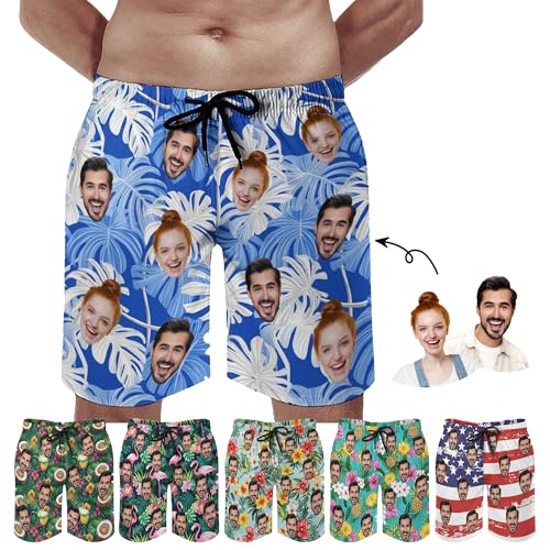 Custom Mens Swim Trunks with Face Personalized Funny Hawaiian Board Shorts with Photo Summer Swimwear Gifts for Men
