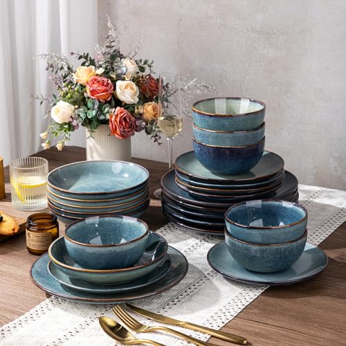 Image of GBHOME Dinnerware Sets For 6, 24Pcs Stoneware Plates and Double Bowls Sets, Dishwasher&Microwave Safe