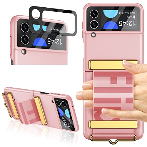 HJCMikee Compatible con Samsung Galaxy Z Flip 4 5G (2022), protector de pantalla trasera integrado y funda protectora de cuero para pulsera, carcasa súper bonita y duradera a prueba de polvo (rosa) Cover