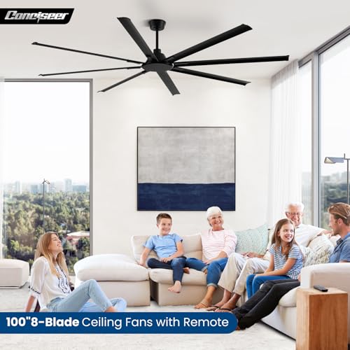 Image of Conciseer Modern 100 Inch Ceiling Fans with Remote No Light for Living Room Kitchen Home Office Library Cafe Outdoor /Industrial Use, 8 Aluminum Blades 6 Speed Reversible Quiet DC Motor, Black