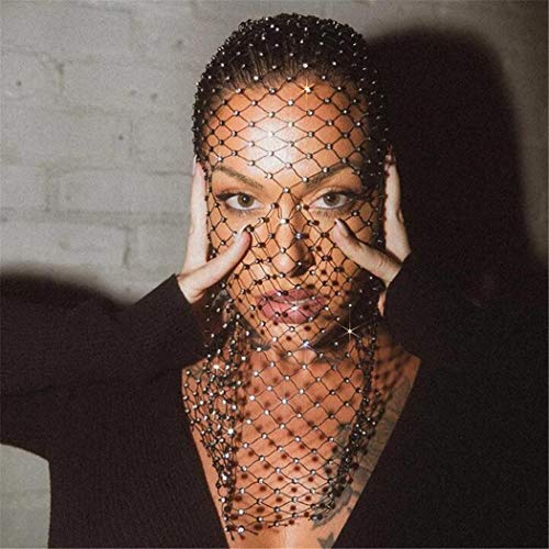 Reetan Crystal Mesh Mask Black Glitter Nightclub Headwear Rave Party Head Covers Body Jewelry Accessories for Women and Girls