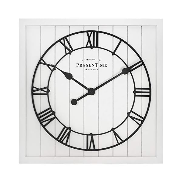 PresenTime & Co 21" Farmhouse Square Shiplap Barn Door Wood Clock - White, Roman Numeral