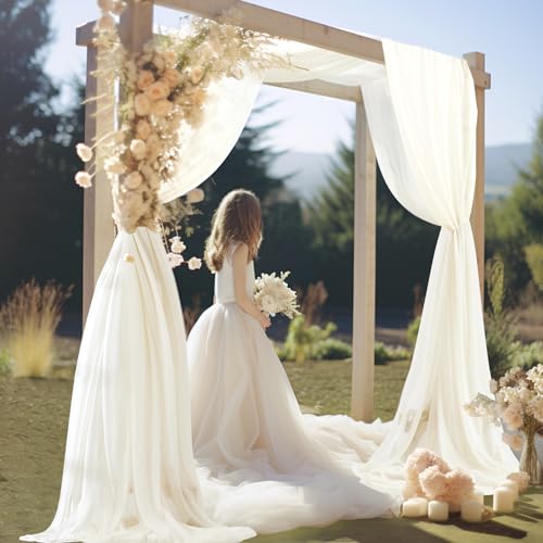 Image of 30 inch x 20Ft Wedding Arch Draping Fabric, 3 Panels Ivory Sheer Curtain Drapes Extra Wide & Long Backdrop Curtains for Wedding Arch Ceremony Birthday Party Decorations