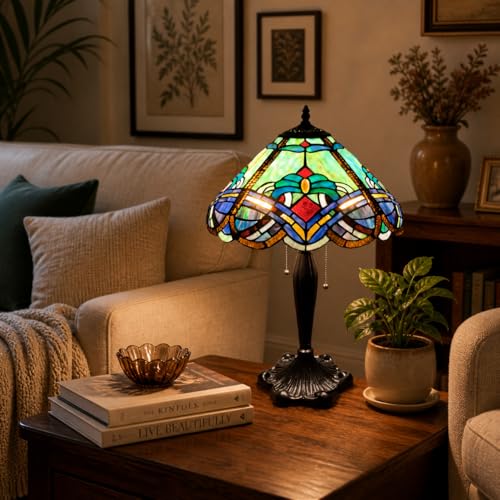 Image of Stained Glass Table Lamp, Multicolor Glass Shade, Bronze Base (Free Bulb) (Design - 12) Free Bulb- 3 Color Options- Warm White, Cool White and Natural