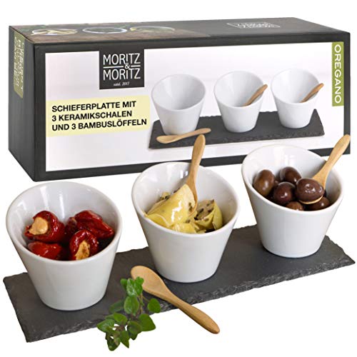 Moritz & Moritz 3x Weiße Dipschalen Set mit Schieferplatte - Dip...