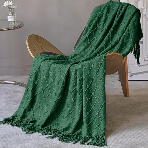 Blanket Knitted Faux Cashmere Blanket Classic Diamond Pattern Knitted Blanket with Tassels Sofa Bed Travel 5060 Dark Green
