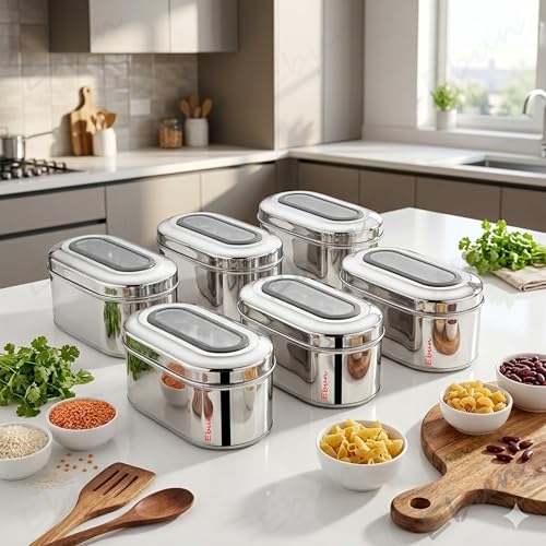 Image of Ebun Stainless Steel Top See Through Containers | Stainless Steel Container with Lid | Capsule Shape Steel Kitchen Containers Set | Steel Airtight Container | 500 Gms Capacity Approx | Pack of 6
