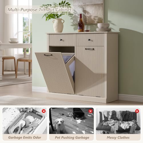 Image of IFBUY Double Tilt Out Laundry Hamper Cabinet, Modern Trash Cabinet, Cream