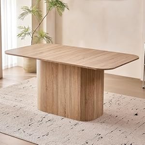 63″ Large Dining Table for 4 6 Person, [Rounded Corners] [Wood Strip Pedestal Base] Farmhouse Modern Rectangle Kitchen Dinner Table