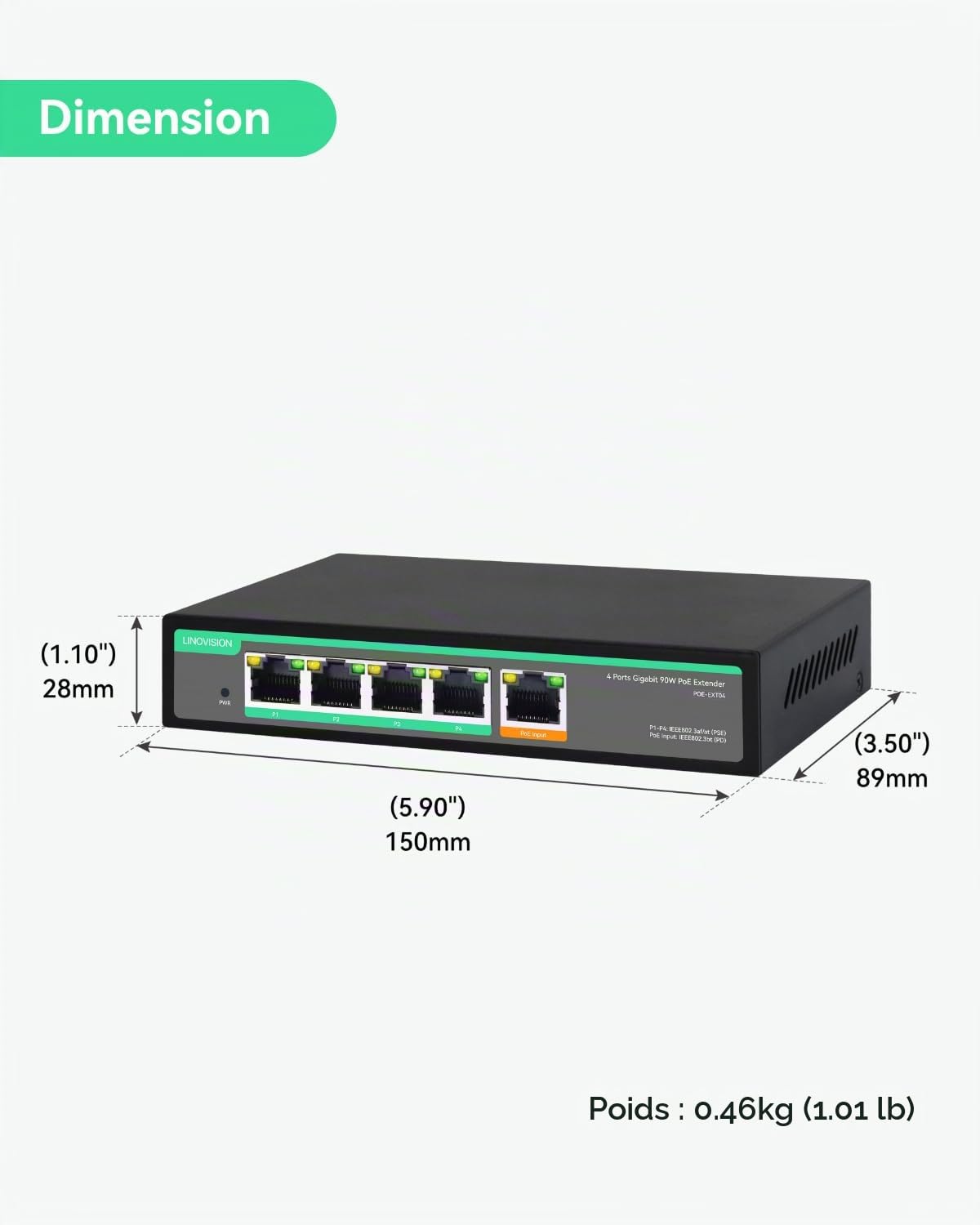 LINOVISION Switch PoE Passthrough Gigabit 4 Ports et Extension PoE avec Entrée PoE++ 90W, Répéteur PoE IEEE802.3af/at/BT, Booster PoE 1 entrée/4 Sorties, Switch pour Caméras IP et Téléphones IP