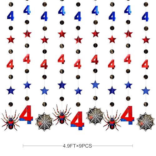 Image of 42Ft Spider 4th Birthday Party Decorations Red Blue Stars and Black Spider Web Garland Streamer for Boys 4th Cartoon Spiders Birthday Super Heros Cartoon Bday Party Decor Supplies