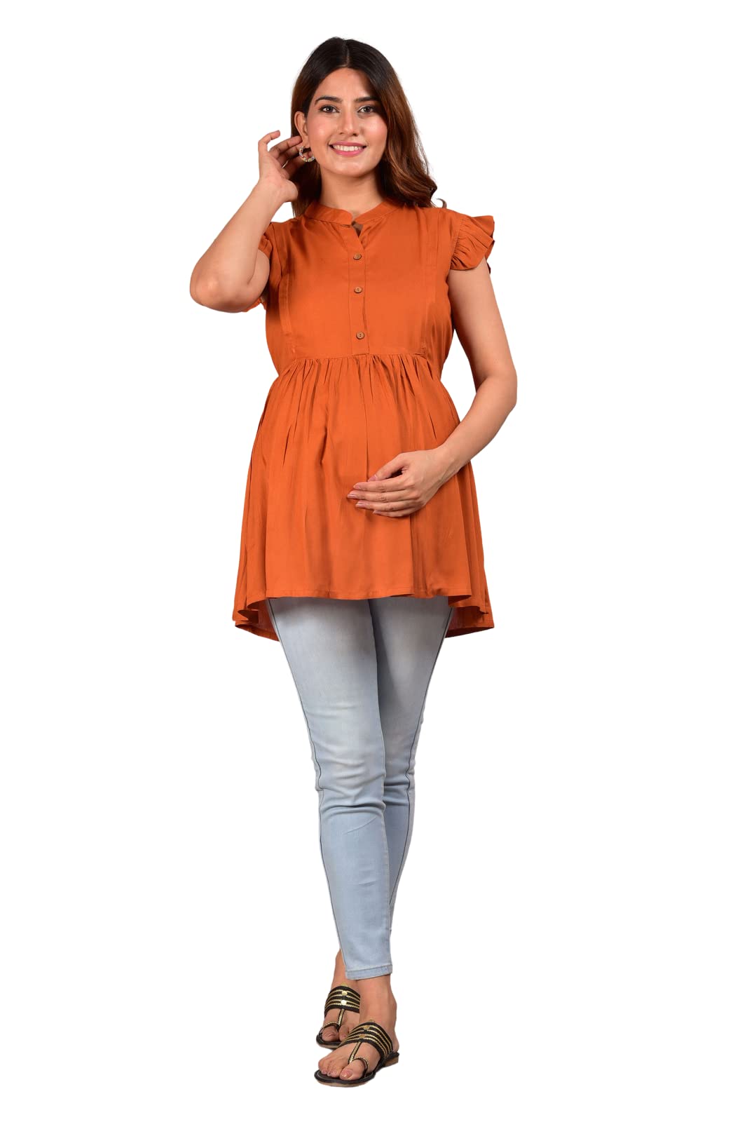 GMI Casual Cap Sleeves Solid Women Brown Top