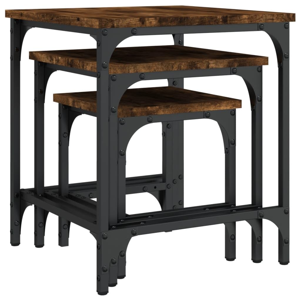 Mesa de reunión, 3 piezas, material de madera ahumada, juego de mesa de café de diseño industrial, mesas auxiliares estables para sala de estar, dormitorio, oficina, ahorro de espacio