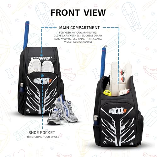 Image of WHACKK Blair 70L Cricket Bag Black|Full Size Kit Bag with Spacious Storage|Bat Pocket, Shoe & Helmet Compartment|Bottle Holder|Utility Pockets|Padded Back & Hip Belt