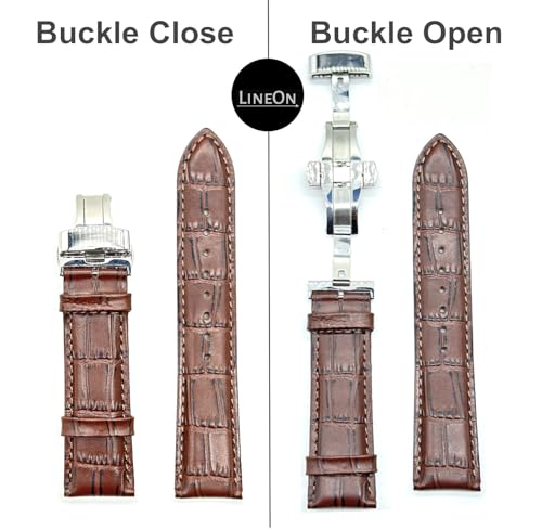 Image of Lineon 22mm Half Padded Leather Mens Watch Strap with Silver ButterFly Lock For Branded Watches Tool and Pins Include